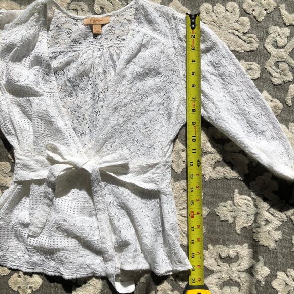 KYRA, white, lace, half wrap-front, blouse with tie up waist, Size Small - Picture 5 of 7